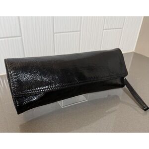 Charles David Clutch Black Crinkled Patent Leather Wristlet Silver Metal Accents